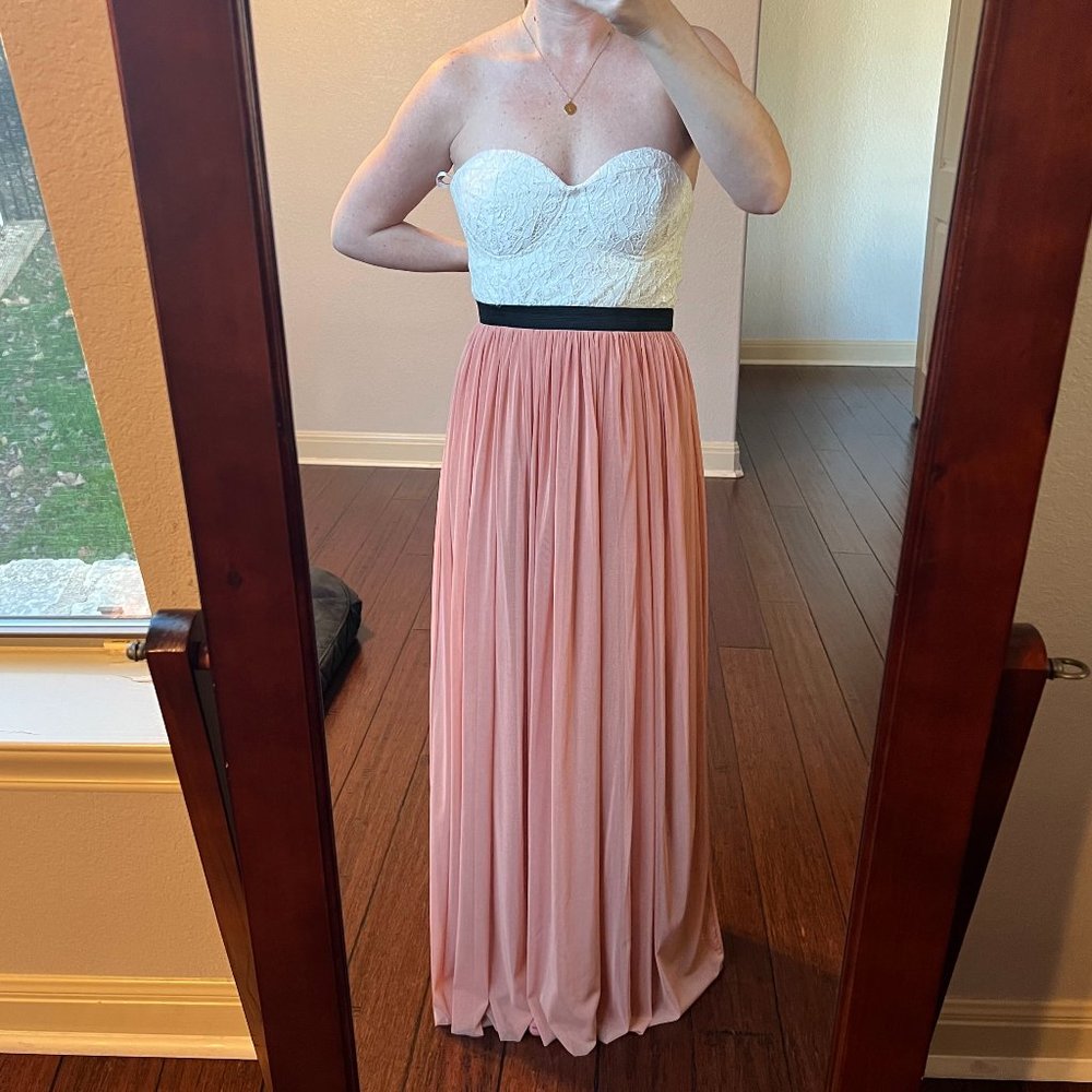 Strapless White & Peachy Lacey Flowy Maxi Dress